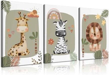 3Pcs Framed Boho Nursery Canvas Wall Art Jungle Safari Animals Wall Decor Pictures Kids Room Giraffe Lion Zebra Prints for Baby Boy Girl Children's Room Bedroom Decoration, 16x24 inch