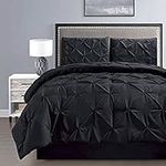 4 Pieces Double-Needle Stitch Goose Down Alternative Pinch Pleat Solid BLACK Comforter Set QUEEN Size Bedding - Hypoallergenic, Plush Siliconized Fiberfill