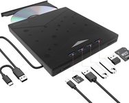 QUMOX External DVD CD Burner, External CD DVD Drive, USB 3.0 with 4 USB Ports and 2 TF/SD Card Readers, Ultra Slim External CD/DVD Drive for Mac Laptop, Windows 11/10/8/7 PC, Linux OS, RGB