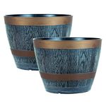 Rustic Style Dark Grey Plastic Half Barrel Cask Planters 28.5cm Diameter - Set of 2 - Indoor & Outdoor Flower/Plant Pot.