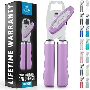 Zulay Kitchen Heavy Duty Stainless Steel Can Opener Manual with Bottle Opener - Rust Proof Manual Can Opener With Turn Knob & Comfy Soft Grip Handles - Lavender