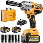 Takuoo Cordless 1/2 inch Brushless Impact Wrench, Max Torque (1000N.m) 740Ft-lbs Electric Impact Gun w/2x 4000mAh Battery, Charger & 6 Sockets, Power Impact Driver for Car Home