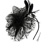 QDC Fascinators Hat for Women Girl Tea Party Headband Kentucky Derby Hats Cocktail Flower Mesh Feathers Headwear Hair Clip for Wedding (Black)