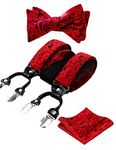 Alizeal Mens Adjustable Floral Paisley Self-tied Bow Tie, Pocket Square and Elastic Y Shape 6 Clips Braces Set, Wine Red