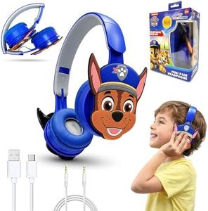 Wembley Paw Patrol Kids Wireless Bluetooth Headphones with Mic | Foldable Over Ear Headphones for Boys & Girls 3-8 Years | 90dB Safe Volume, AUX & USB Charging | Travel, Study & Music