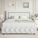 Full Size Bed Frame, Upholstered Platform Bed with Button Tufted Headboard, Princess Platform Bed with Diamond Design, Wooden Slats Support, No Box Spring Required, Easy Assembly, White