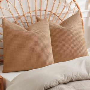 PHF 100% Cotton Waffle Weave Euro Shams 26"X26", No Insert, 2 Pack Elegant Home Decorative Euro Throw Pillow Covers for Bed Couch Sofa,Standstone