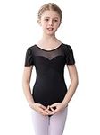 Ballet Leotard for Girls Ruffle Short Sleeve Dance Leotards Bow Back Gymnastics Outfit for Toddler Kids 6-8 Years Black