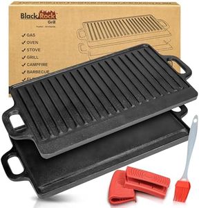 Black Rock Grill Cast Iron Griddle Reversible Pan - BBQ Griddle Plate for Gas bbq, Electric or Gas Hob, Oven- 46cm x 23cm (18 inch x 9 inch), Includes Silicone Grip Handles & Marinating Food Oil Brush