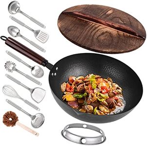 Leidawn 12.8" Carbon Steel Wok-11Pcs Woks & Stir Fry Pans Wok Pan with Lid, No Chemical Coated Chinese Wok with 10 Cookware Accessories, Flat Bottom Wok for Electric, Induction,Gas Stoves