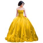 Long Ball Gown Tulle Floral Beaded Lace Formal Prom Dresses Yellow Gold US 16