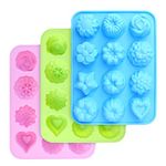 homEdge Food Grade Silicone Flowers Molds, Baking Pan with Flowers and Heart Shape 3-Pack Silicone Molds for Chocolate, Candy, Jelly, Ice Cube, Muffin (Pink, Blue and Green)