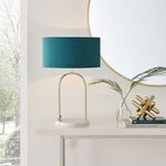 Furniturebox UK Table Lamp - Danielle - Teal Velvet Fabric Lamp Shade Brass Arched Structural Stand White Marble Base - Desk Lamp - Modern Meets Retro Vintage Lamp Living Room Bedroom Lighting