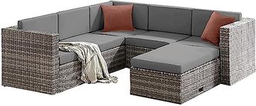 EVRE Monaco Grey 6 Seater Sectional Corner Outdoor Rattan Garden Furniture Set with Cushions Convertible Glass Top Coffee Table for Patios Conservatories Indoor