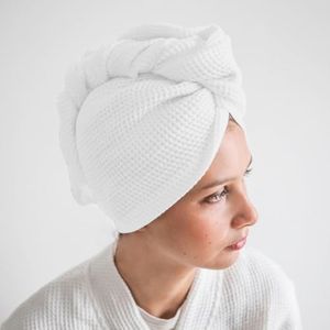 Enchant Home Pure Cotton Waffle Hair Towel Wrap - Quick Dry, Ultra-Absorbent, Soft and Lightweight, Anti-Frizz, Perfect for Curly and Straight Hair, Salon and Home Use (White)