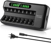 ENEGON AA AAA Battery Charger, Fast charger with AC Adapter and Intelligent LCD Display, Independent 8 Bay Charger for Ni-MH Ni-CD Rechargeable Batteries, Auto Cut-off when battery is full charged