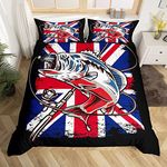 Union Jack Flag Duvet Cover Farmhouse Fishing Bedding Set for Kids Boys Girls Teens Room Wild Fish Comforter Cover Set Red Whit Blue Stripe Bedspread Cover 3Pcs Zipper Double Size