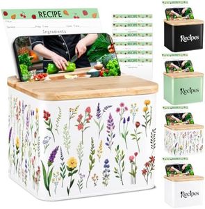 Recipe Box with Cards and Dividers Set, 4x6 Recipe Holder for Kitchen Countertop, Metal Premium Recipe Card Storage Organizer Box with Bamboo Grooved Lid,White Flowers