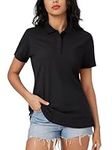 MAGCOMSEN Short Sleeve Shirts for Women 3-Button Cotton Polos Breathable Moisture Wicking Tops Comfortable Black, XXL