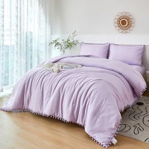 PERFEMET 5 Pieces Lavender Purple Comforter Set Twin Aesthetic Boho Solid Bed Comforter Sheet Set with Pompoms Soft Microfiber Light Purple Bed in A Bag for Girls Kids(Lavender, Twin)