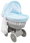 Hooded Wicker Wheel Baby Moses Basket Bassinet Crib with Full Cotton Bedding Set Liner Cover and Mattress - Dimple Grey/Blue