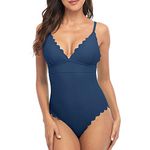 Charmo V Neck One Pieces Swimsuit Plunge Padded Monokini Bathing Suit High Cut Backless Swimwear Beach Wear Navy L