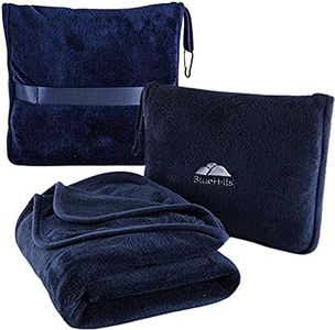 BlueHills Premium Soft Travel Blanket Pillow Airplane Blanket Packed in Soft Bag Pillowcase with Hand Luggage Belt and Backpack Clip, Compact Pack Large Blanket for Any Travel (Navy Blue T002)