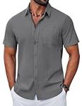 COOFANDY Men's Short Sleeve Cotton Shirt Summer Regular Fit Casual Shirts with Pockets Dark Grey M