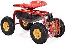 Costway Rolling Garden Cart Work Seat w/Wheels, Scooter w/360 Swivel Seat and Utility Tool Storage Basket, Heavy Duty Outdoor Work Cart w/Adjustable Height for Gardening Planting (Red)