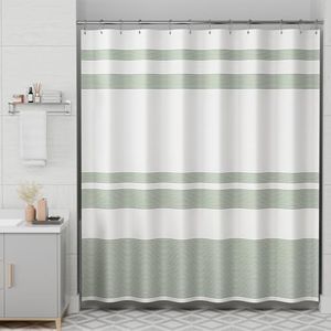 AmazerBath Shower Curtain, Washable Cloth Sage Green Shower Curtain with 12 Shower Curtain Hooks, Fabric Green and White Striped Shower Curtain Set, Farmhouse Bathroom Shower Curtain, 72x72 Inches