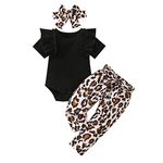 Xumplo 3Pcs Newborn Baby Girl Clothes Infant Short Sleeve Outfits Black Romper+Leopard Pants+Headband Summer Clothing Set (12-18 Months)