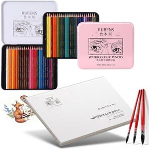 rubens Watercolor Pencils Kit, 48 Soft Core Colored Pencils with 3 Pcs Watercolor Paint Brushes and 20 Sheets of 140lb/300gsm White Watercolor Paper 7.67”x10.63” Hot Pressed