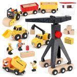 Vanplay Construction Toys for 2 3 4 5 Year Olds, Wooden Construction Vehicle Toys Set with Tower Crane Toys Digger Toys Dump Truck Road Roller, Boys Toys Gift for Kids Toddler