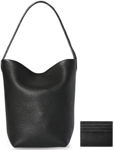 Genuine Leather Bucket Bag with Credit Card Holder Wallet, First Layer Pebble-grained Calfskin Tote Bag, Leather Handbag with Cotton Insert Pocket (Black, Small)