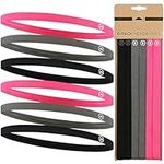 Elastic Thin Sports Headbands - Athletic Non Slip Skinny Headbands for Women Men Boys Girls Kids- 6-Pack Silicone Grip Hairband Mini Sweat Band, Great for Workouts (2 Black / 2 Gray / 2 Hot Pink)