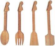 Rise8 Studios Bamboo Guitar Neck Shaped Kitchen Cooking Utensil Set - Guitar Shaped Musician Gifts - Set of 4: Spoon, Spatulas and Salad Fork