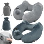 Self-Inflatable Neck Travel Pillow with Compact Bag and Washable Cover for Sleeping Airplane Soft Velvet Pillow for Long Flight Neck Cushion for Head Support Car Home Office (GreyGreen 2 Pack)