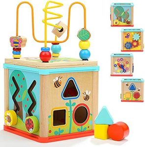 TOP BRIGHT Wooden Activity Cube 5-in-1 – Wooden Activity Table for Kids and Babies Age 1, 2 Year olds – Educational Centre with Bead Maze and Sorting – Fun and Entertaining Toy for Boys Girls