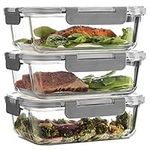 Superior Glass Food Storage Containers (Set of 3) Airtight BPA-Free Hinged Locking Lids - 100% Leakproof Glass Meal Prep Food Containers with Lids - Freezer to Oven Safe Takeaway Lunch Boxes - 1040ml