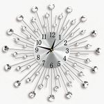 Crystals Silver Metal Wall Clock, Large Luxury Handcrafted Metal Art Wall Clock, Diamante Beaded Jeweled Sunburst Pattern Retro Style Digital Needle Wall Clock, Silver (Diamante - 45 cm)