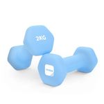 KAYMAN Neoprene Dumbbell Pair with Anti-Slip Grip, Hex Edges, Water-Resistant Surface & Free Workout Poster Guide - Weight Set for Home, Gym & Fitness Training Equipment - Unisex (2kg - Light Blue)