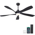 56Inch Ceiling Fans with Lights Remote/APP Control, 2 Downrods Flush Mount Ceiling Fans with Reversible 5 Curved Blades, 6 Speeds 3 Colors Dimmable for Bedroom Dining Room Living Room, Black