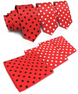 Vittorio Farina Premium Satin Polka Dot Necktie & Pocket Square Set for Men (Red/Black,White,White)