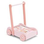 Navaris Wooden Baby Walker with Blocks - Push Along Wagon for Babies with 46 Wood Bricks - Classic Toy Gift Idea for Girls and Boys Learning to Walk