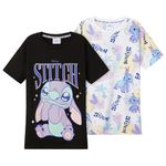 Disney Stitch Girls Crew Neck T-Shirts, Soft Breathable Pack of 2 - Stitch Gifts (Black/White, 11-12 Years)