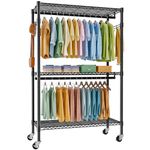 Fyzeg Wire Garment Rack, Heavy Duty Rolling Clothes Rack for Hanging Clothes, 3 Tiers Adjustable Metal Clothing Rack with Storage Shelves, Lockable Wheels Freestanding Closet Wardrobe