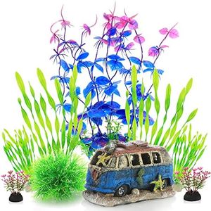 ALEGI Fish Tank Decorations Plants with Resin Cave Rock View, Aquarium Decor Accessories Plastic Plants, Fish Cave and Hideout Ornaments (Purple Set)