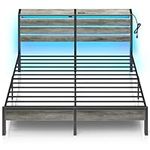 Rolanstar Bed Frame King Size with USB Charging Station, LED Bed Frame with Wood Storage Headboard, Light Grey Metal Platform Bed with Under Bed Storage, No Box Spring Needed, Noise Free