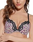 Deyllo Women’s Push Up Lace Bra Comfort Padded Underwire Bra Lift Up Add One Cup (Black Pink Leopard,34A)