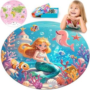 ELX 70 Piece Large Floor Puzzle for Kids Ages 4-8,Mermaid Princess & World Map Jigsaw Puzzles,Double-Sided Ocean Round Puzzles for Toddlers,Educational Toys for 4-8 Year Old Boys&Girls (22.5 Inch)